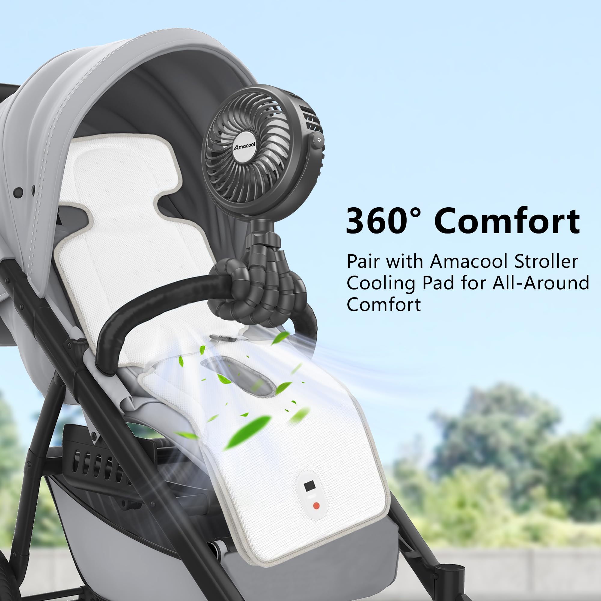 AMACOOL stroller fan with LED night light aids nighttime visibility.