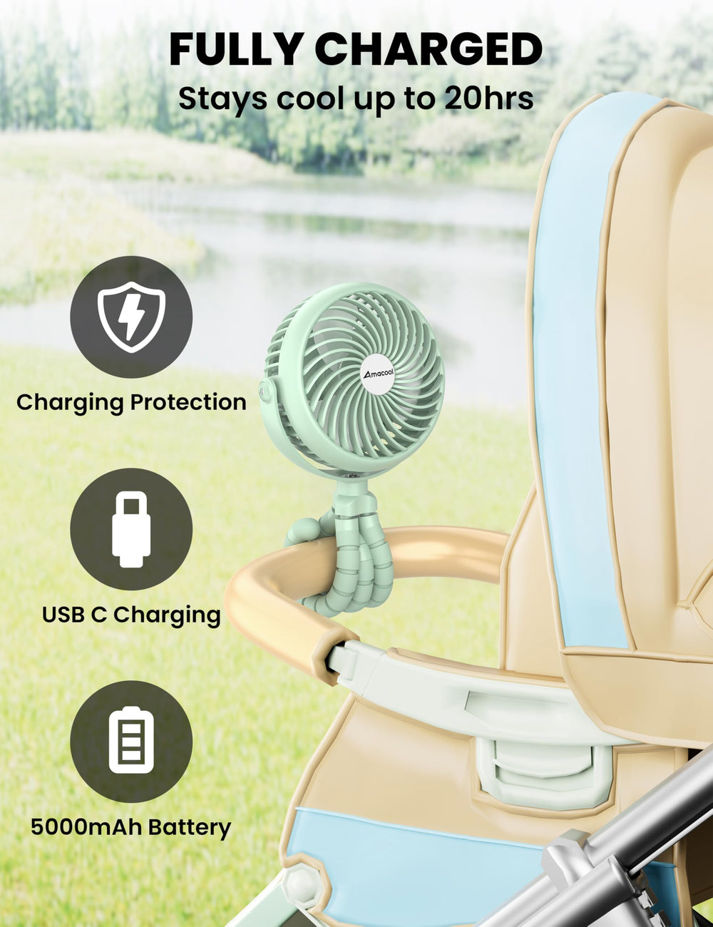 AMACOOL stroller fan operates quietly for peaceful naps.