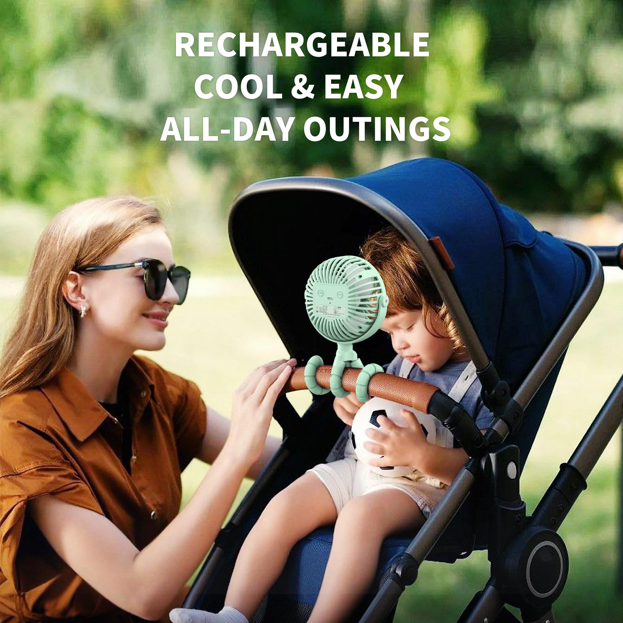 AMACOOL stroller fan with tripod legs demonstrates versatile clipping on a crib