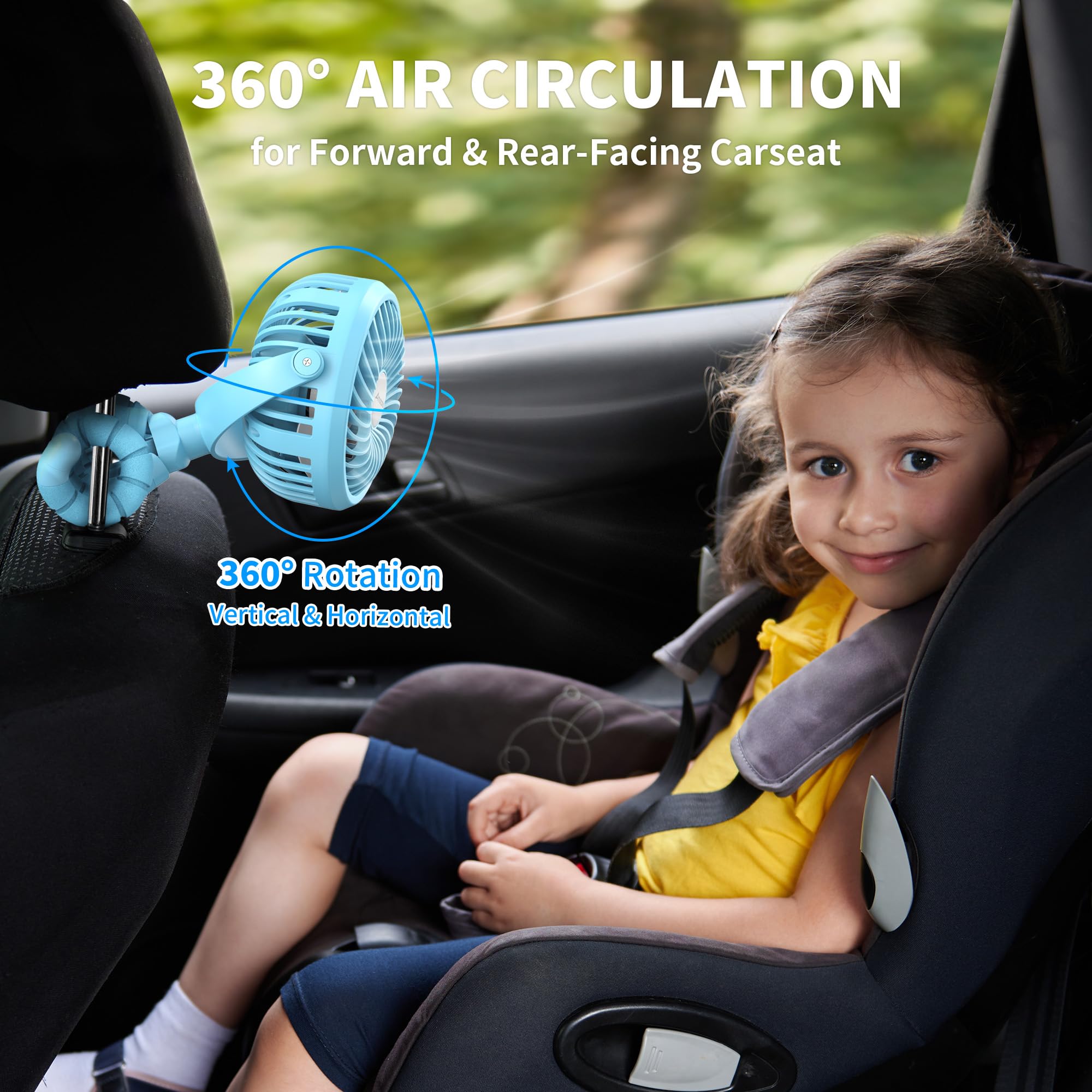 AMACOOL USB-charging stroller fan blue for easy power on the go.