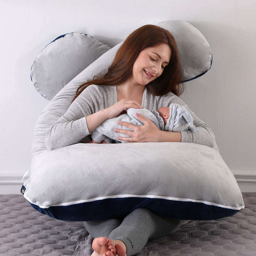 Amagoing pillow designed for leg back and belly support during pregnancy.