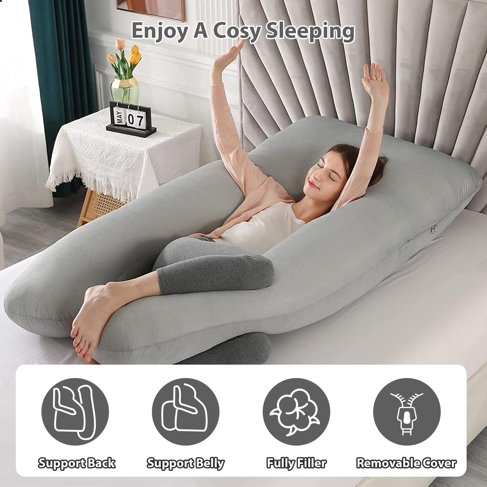 Amagoing U-shaped pillow in use for sleeping and reading with versatile positioning