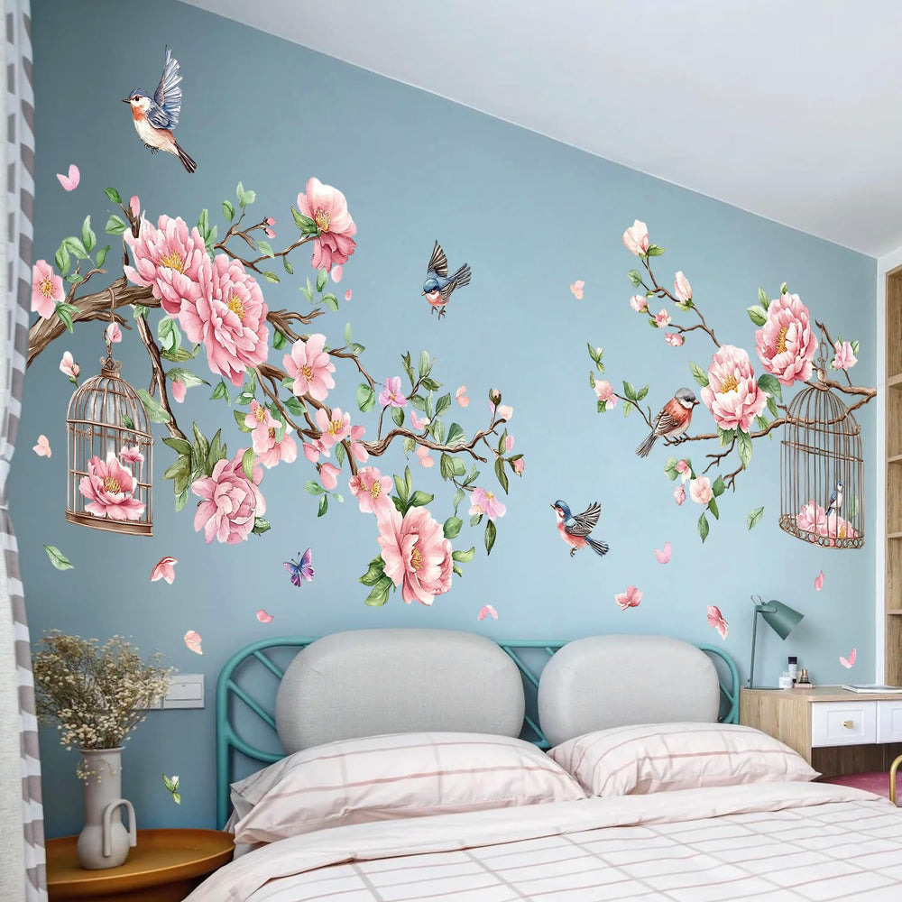 AM AMAONM wall stickers with pink peonies and tree branches for whimsical nursery decor.