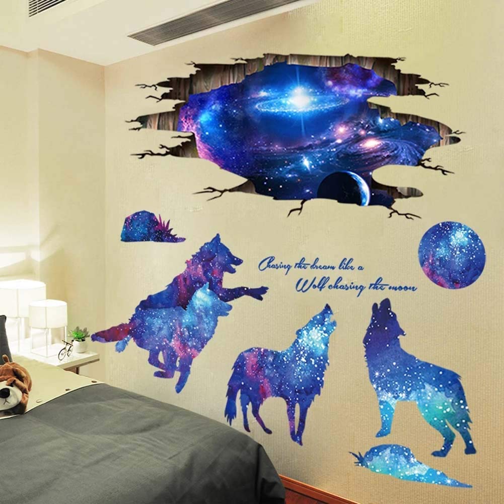 AM AMAONM 3D blue starry sky wolf moon wall decal sheet creates dreamy space vibes in kids' rooms.