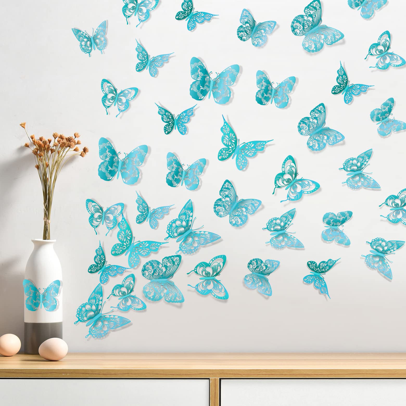 AM AMAONM 3D butterfly wall decor nursery wall setup emphasizes soft shimmer and whimsy.