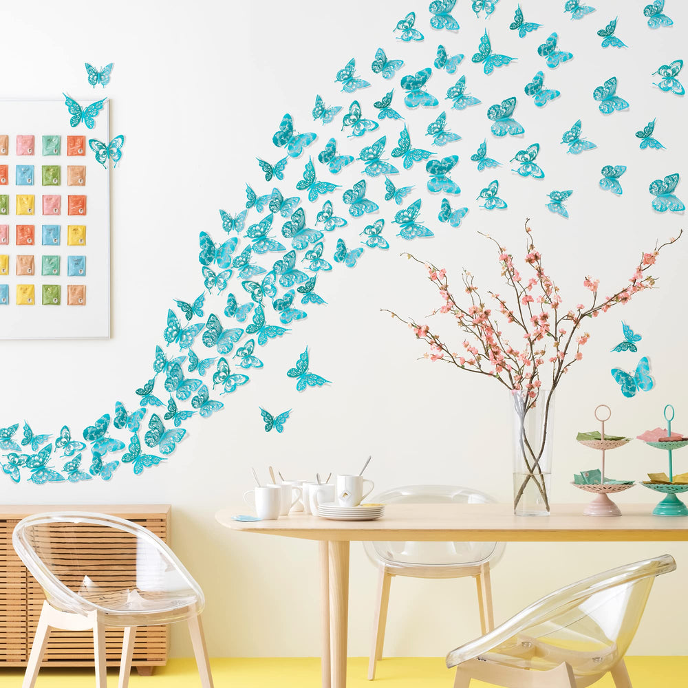 AM AMAONM 3D butterfly wall decor party setup with bright colors enhances festive mood.