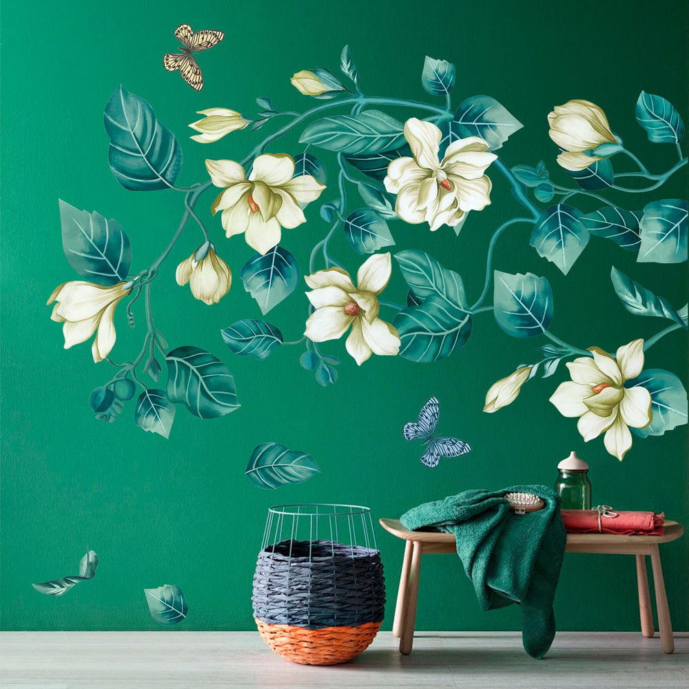 AM AMAONM 3D blue flower vine wall decal adds depth to living room walls.