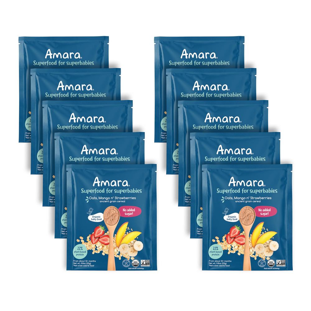 Amara Ancient Grain pouch packaging shows shelf-stable convenience for on-the-go feeding.
