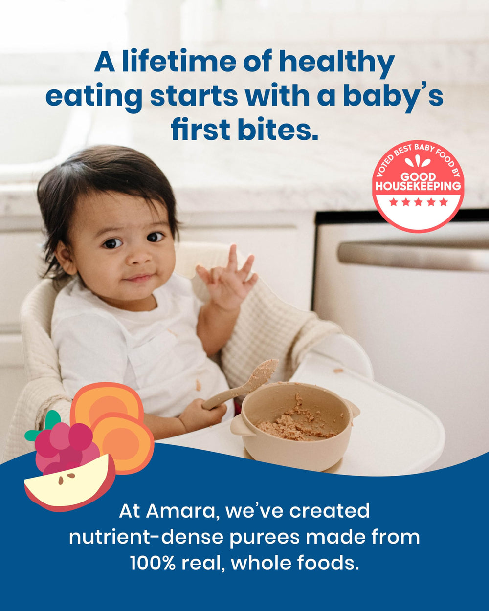 Amara baby food pouch open with spoon suggests easy mixing with breastmilk or water.