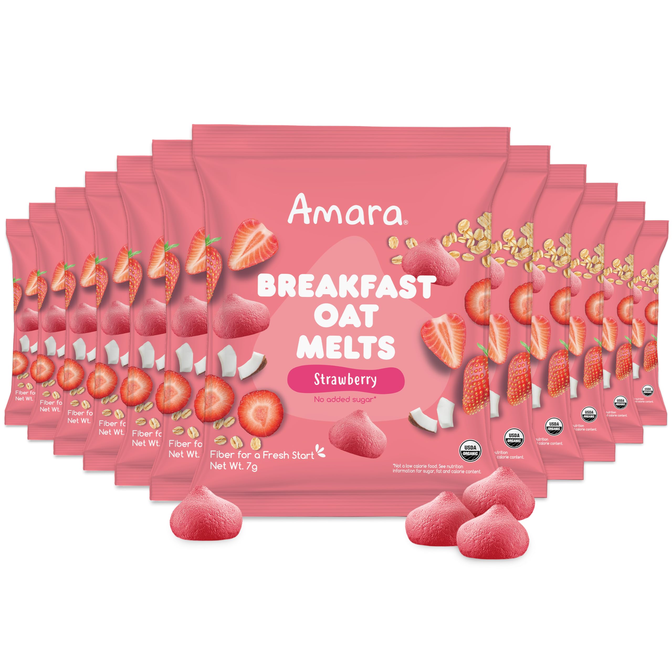Amara Breakfast Oat Melts packaging with strawberry flavor, ideal on-the-go snack