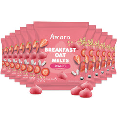 Amara Breakfast Oat Melts packaging with strawberry flavor, ideal on-the-go snack