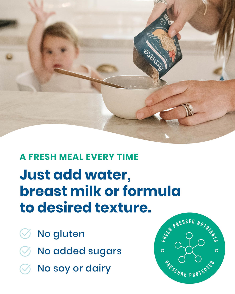 Amara baby-food mix shown with breastmilk to reach the right texture.