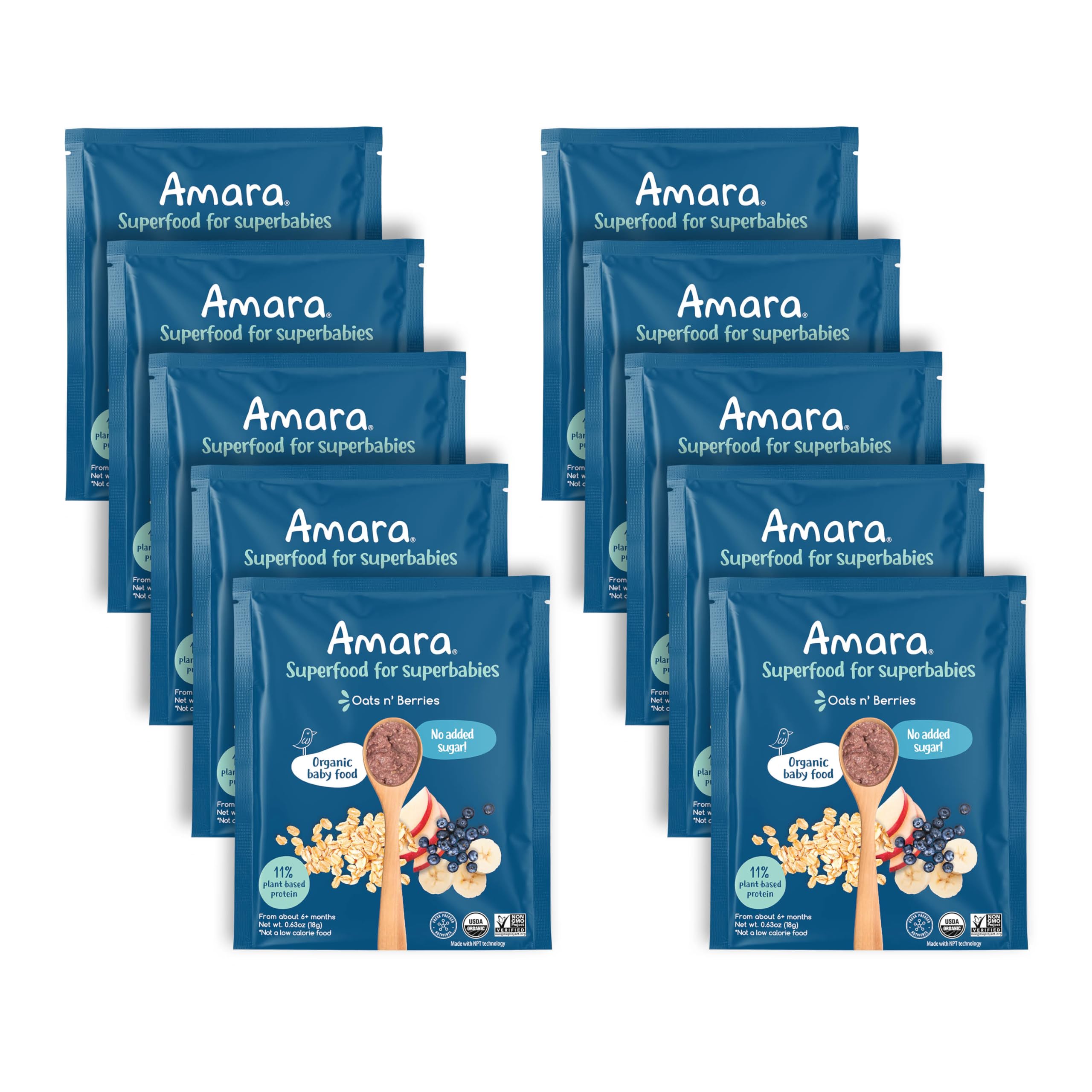 Amara Organic Baby Food pouch front shows oats and berries for easy stage 2 feeding.