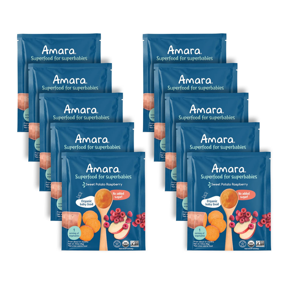 Amara Organic Baby Food Stage 2 Sweet Potato Raspberry pouch ready for babies on the go.