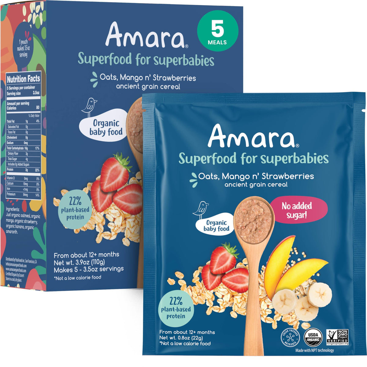 Amara Stage 3 ancient grain pouch closeup shows smooth texture for easy feeding.