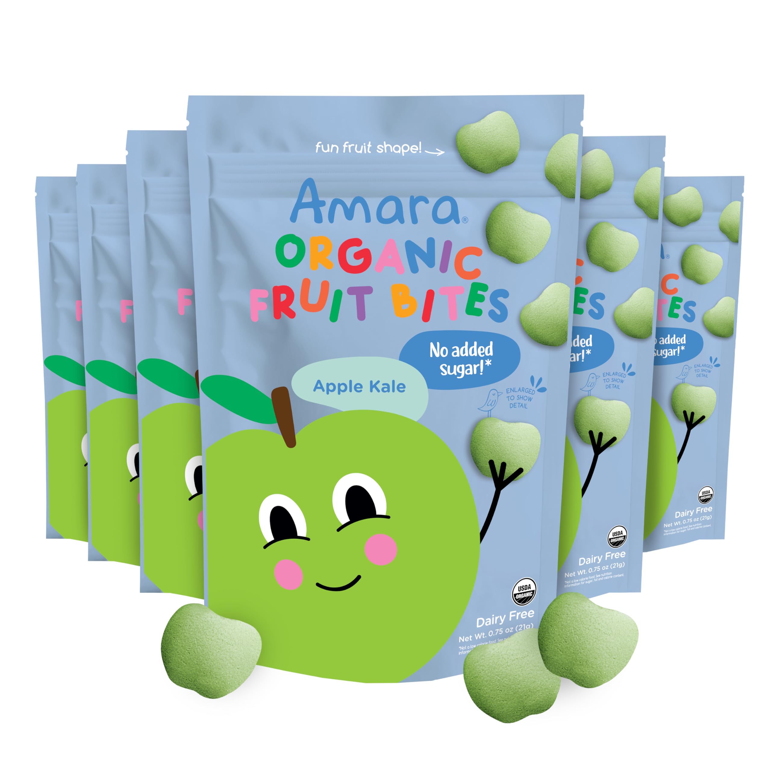 Amara Organic Fruit Bites Apple Kale pack featuring a resealable bag for on-the-go snacking.