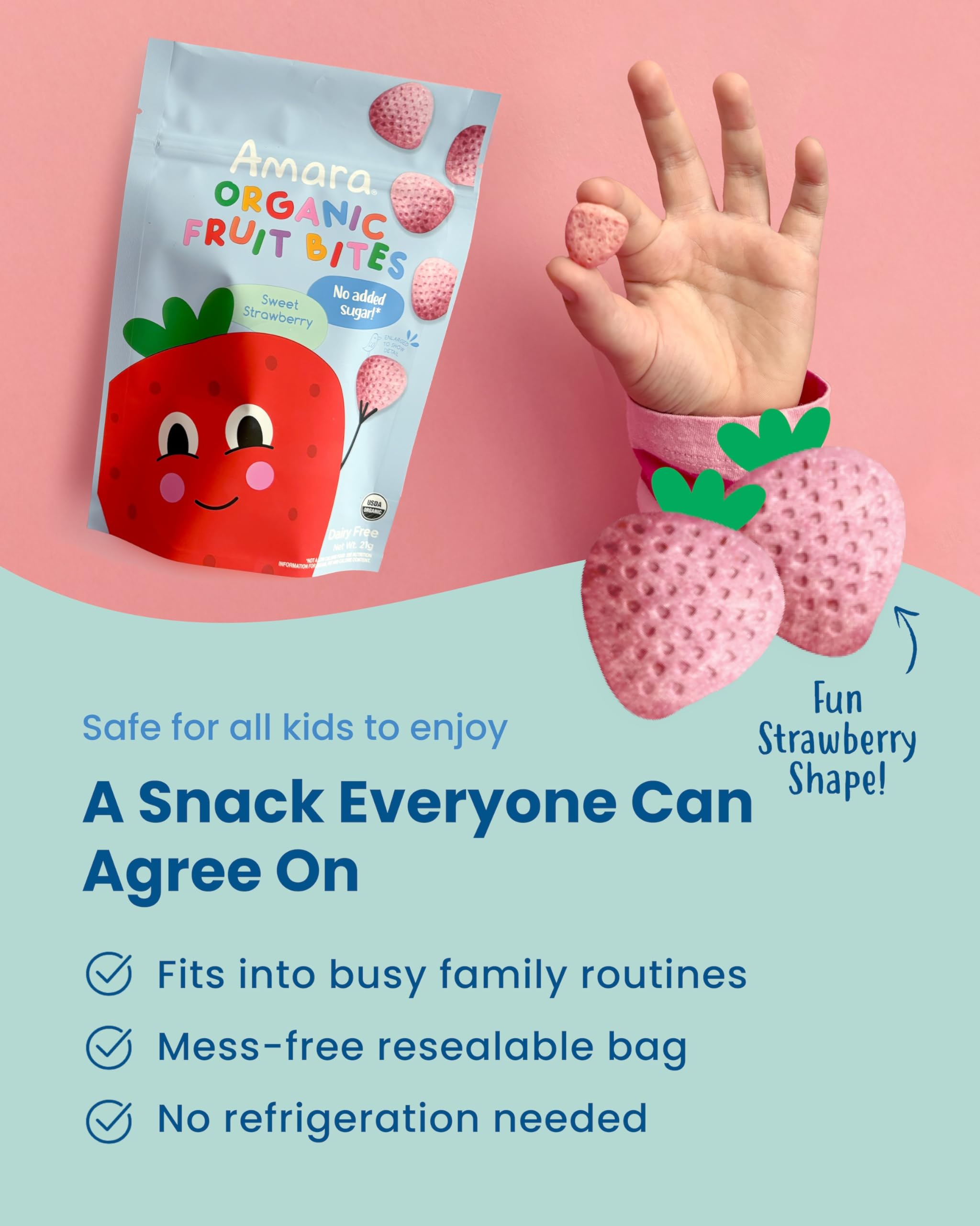 Amara resealable bag preserves freshness for on-the-go snacking.