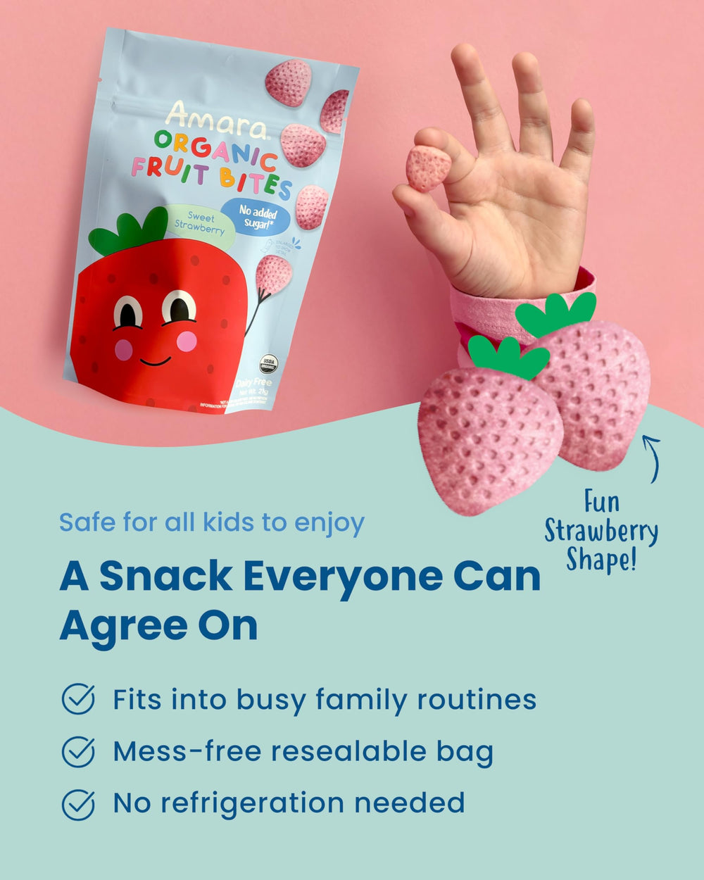Amara resealable bag preserves freshness for on-the-go snacking.