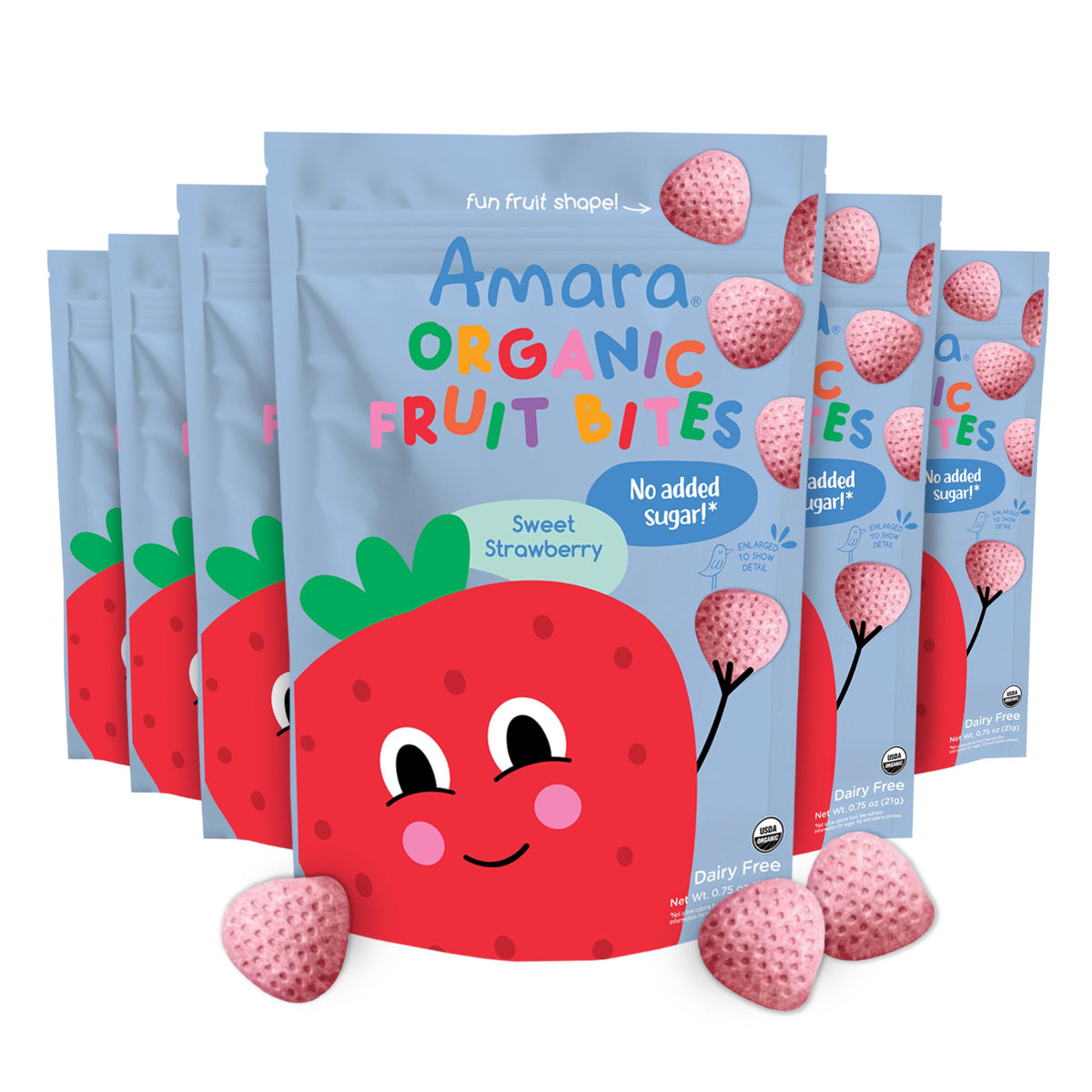Amara Organic Fruit Bites Sweet Strawberry front label shows no added sugar.