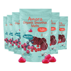 Amara Smoothie Melts Beets n' Berries bag closeup highlights resealable packaging for mess-free on-the-go snacking.