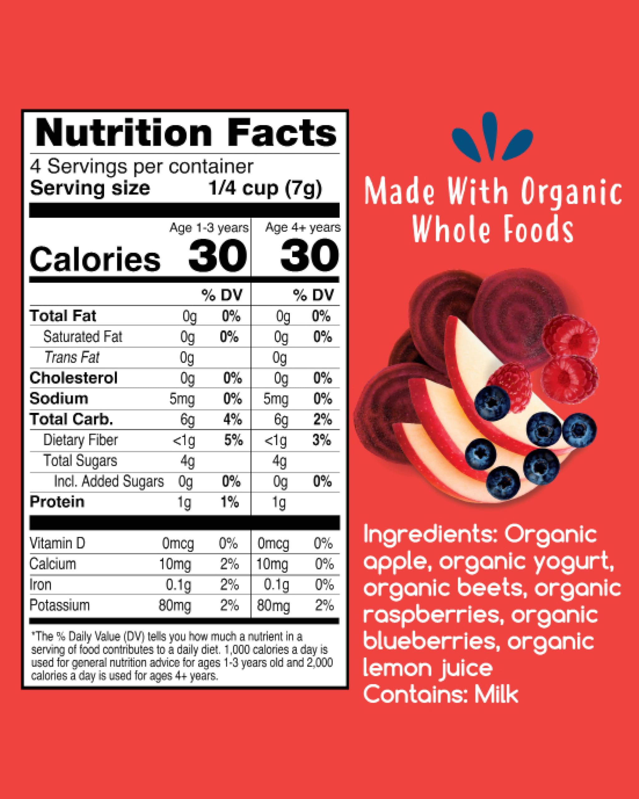 Amara Smoothie Melts Beets n' Berries ingredients list emphasizes simple, fruit-and-veg goodness.