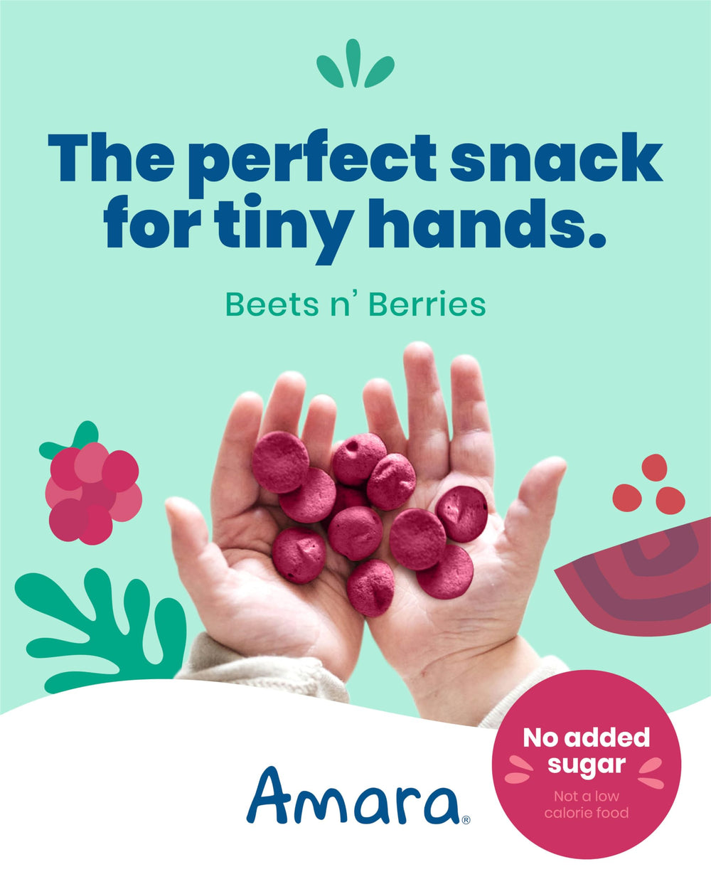 Amara Smoothie Melts Beets n' Berries toddler serving plate demonstrates bite-sized texture for self-feeding.