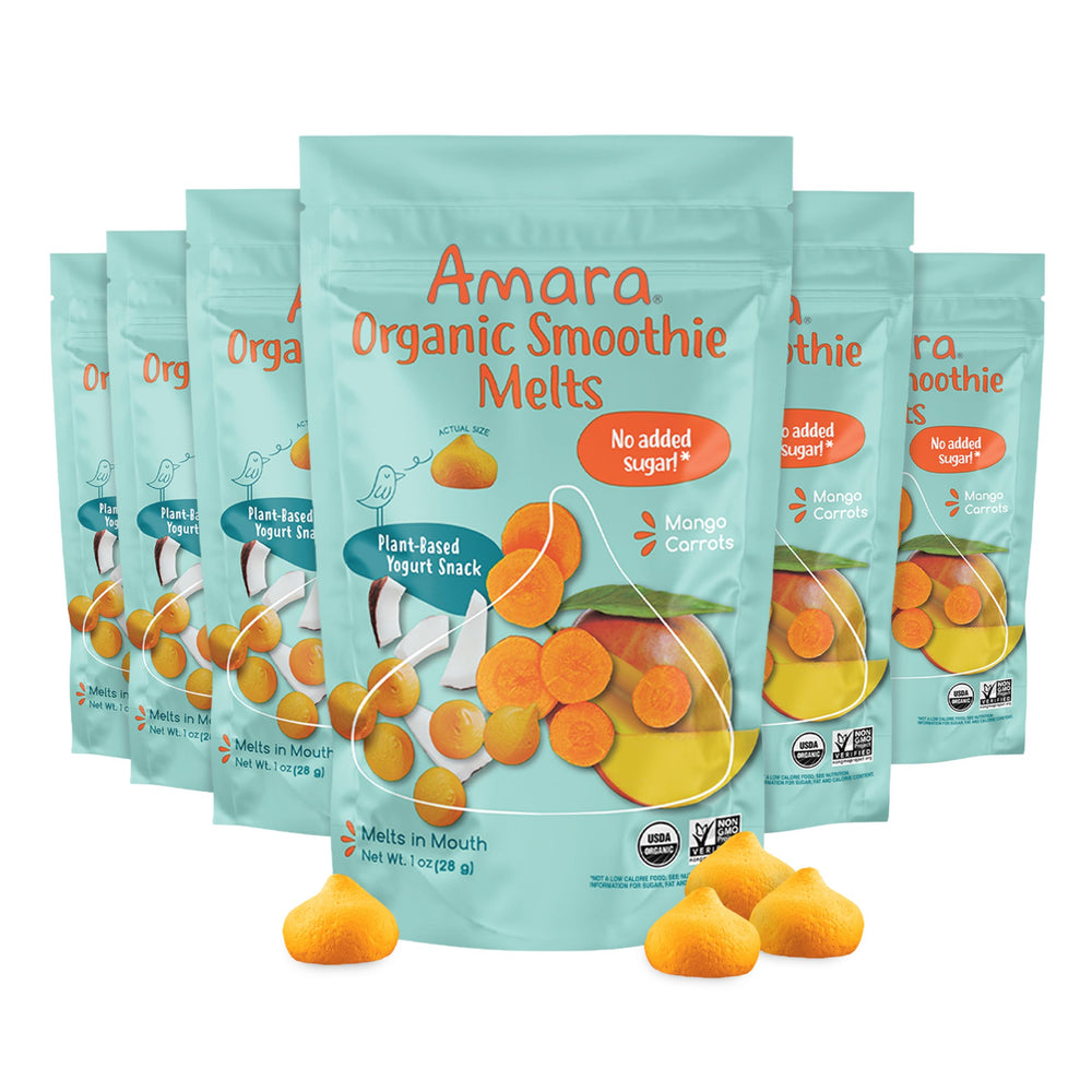 Amara Smoothie Melts packaging shows convenient resealable bags for busy families