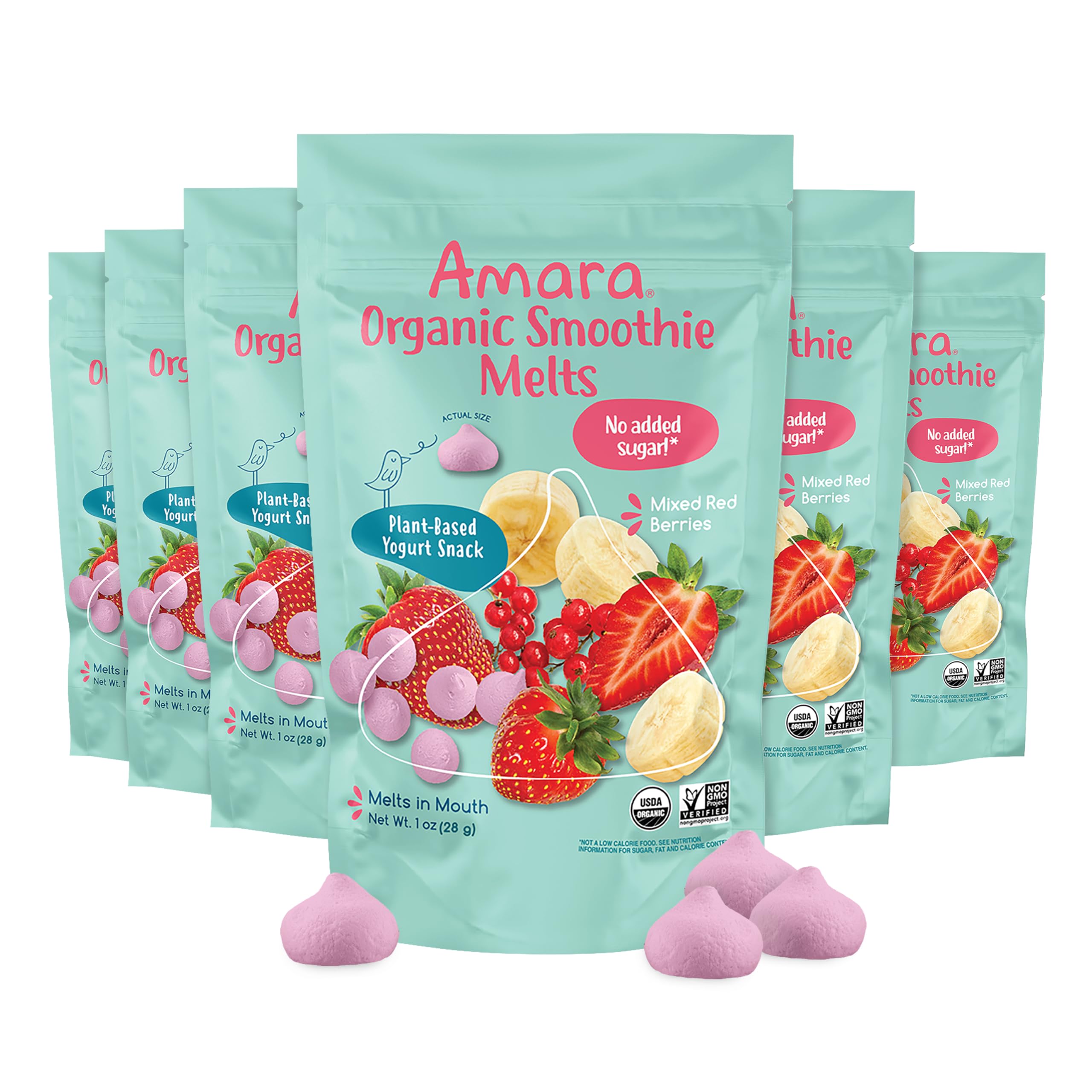 Amara Smoothie Melts packaging with resealable bag for grab-and-go healthy snacking.