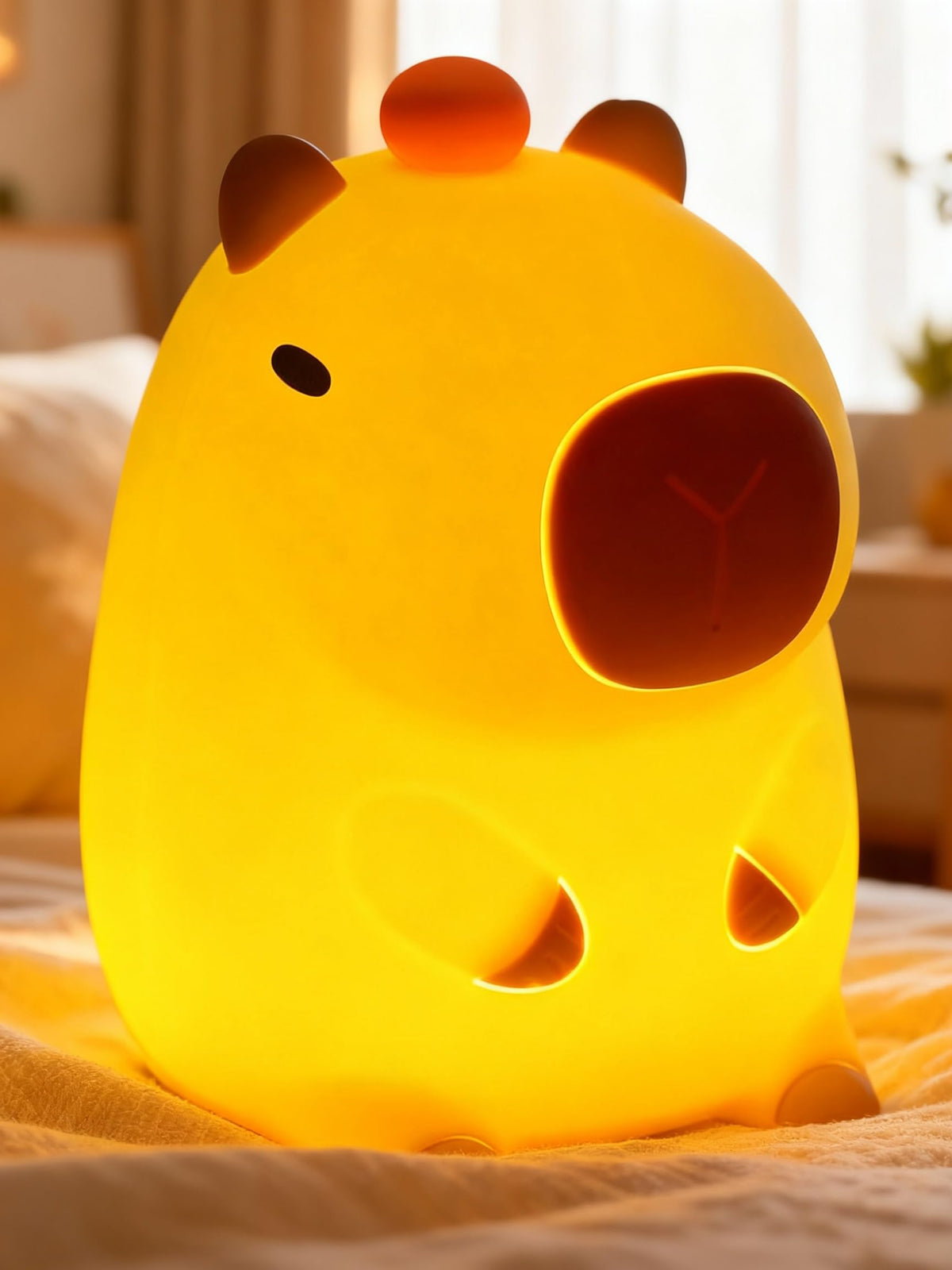 Amaredom Capybara Night Light closeup in silicone shows safe, cozy bedside glow.