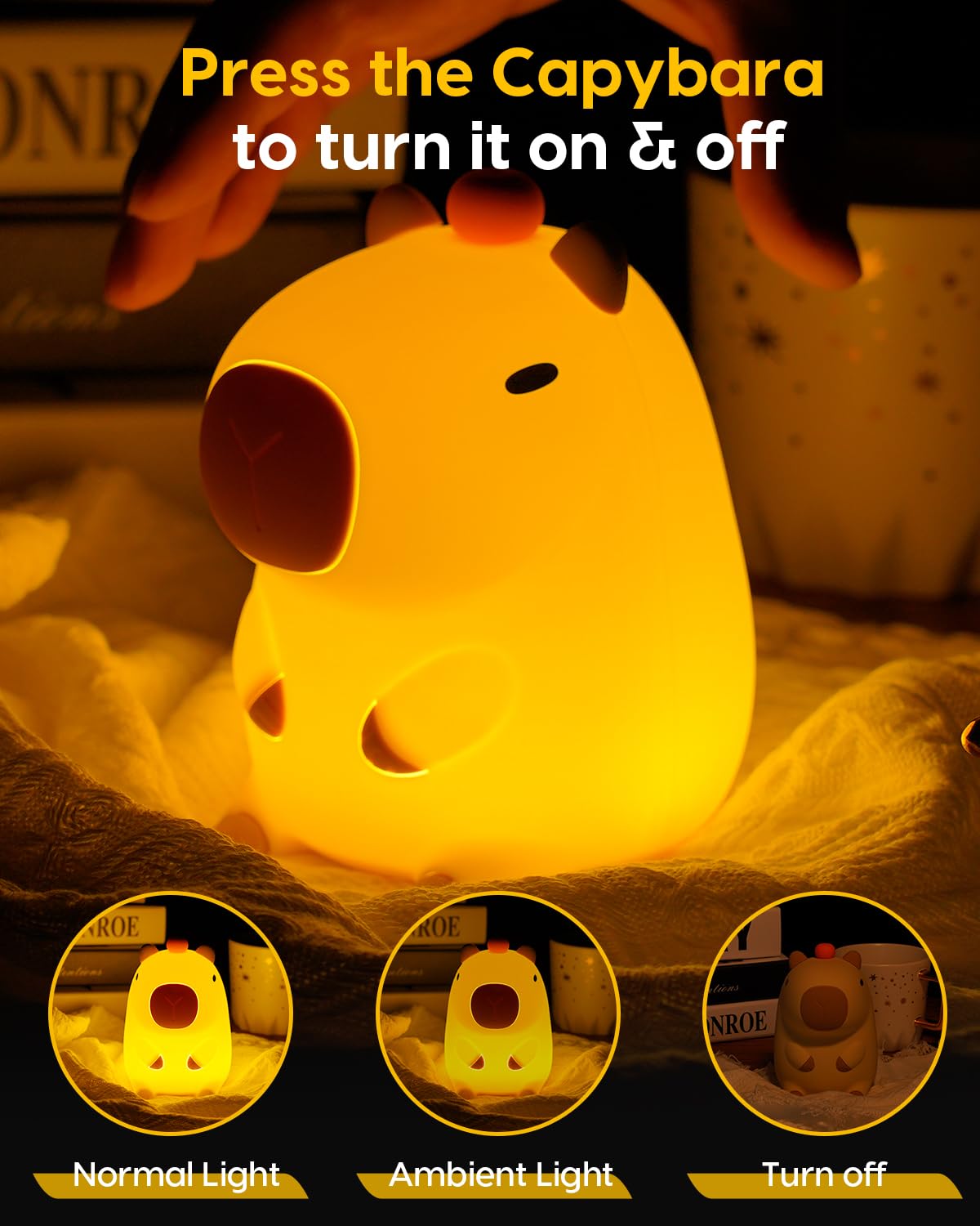 Amaredom Capybara Night Light squeeze action demonstrates easy, comforting on-demand glow.