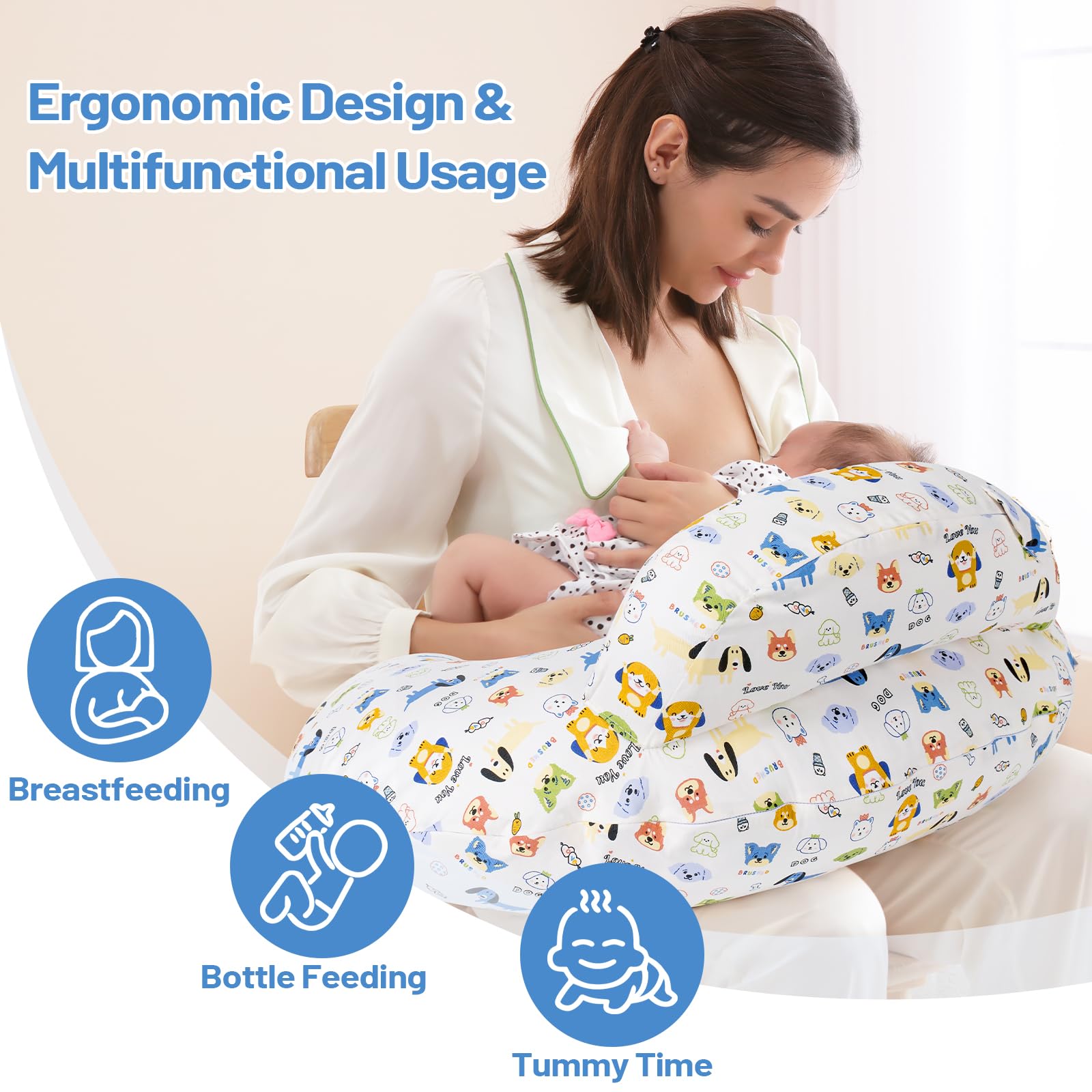 AMASKY nursing pillow shows baby in nursing position for comfort.