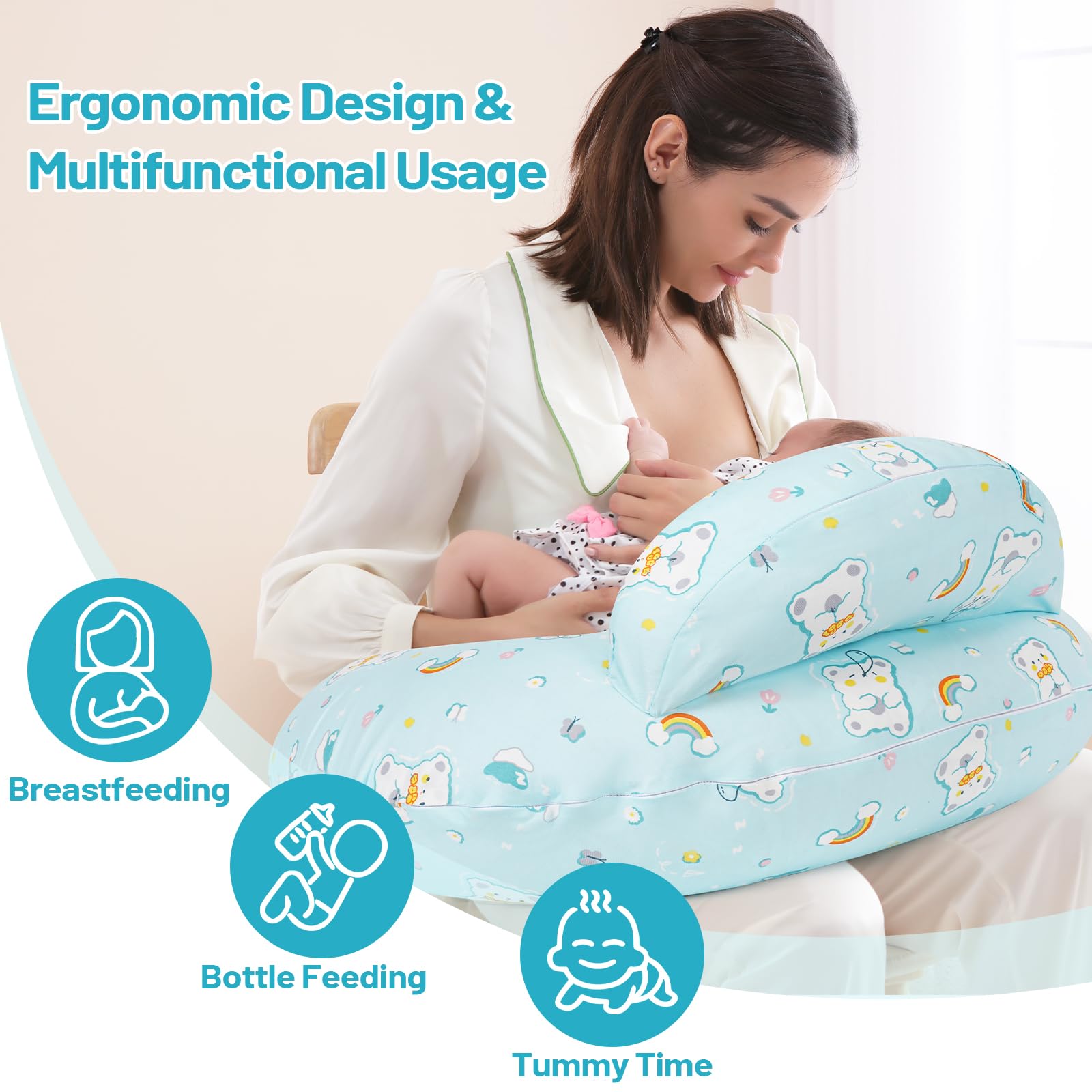 AMASKY nursing pillow baby-positioning illustrates ergonomic support during feeds