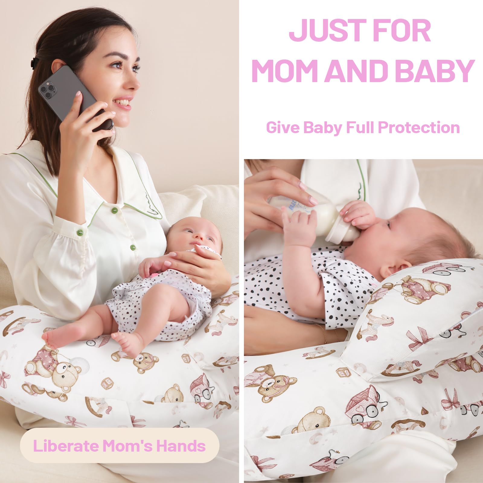 AMASKY nursing pillow dimensions shown for universal fit and cozy support.