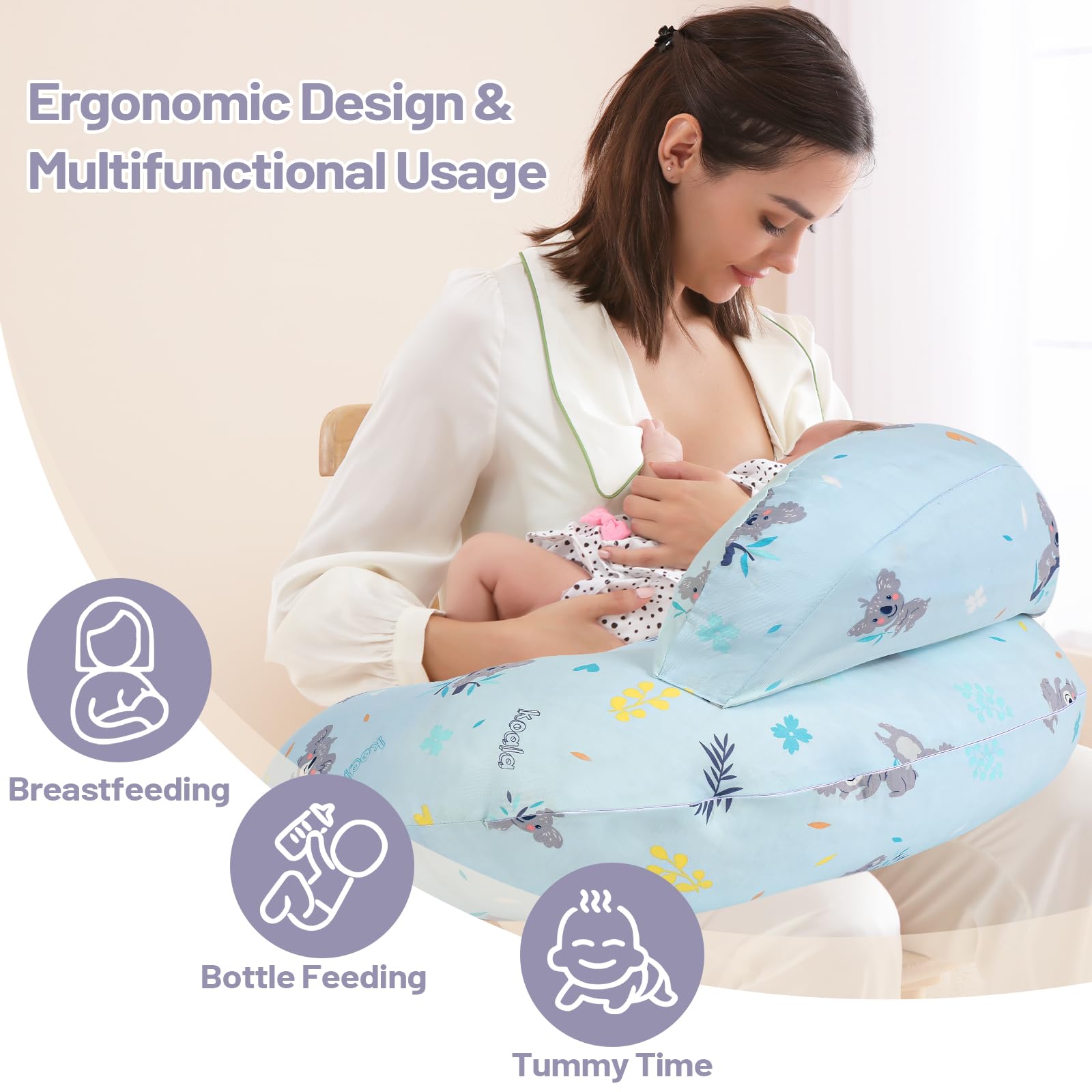 AMASKY pillow demonstrates ergonomic lifting to bring baby to ideal feeding height