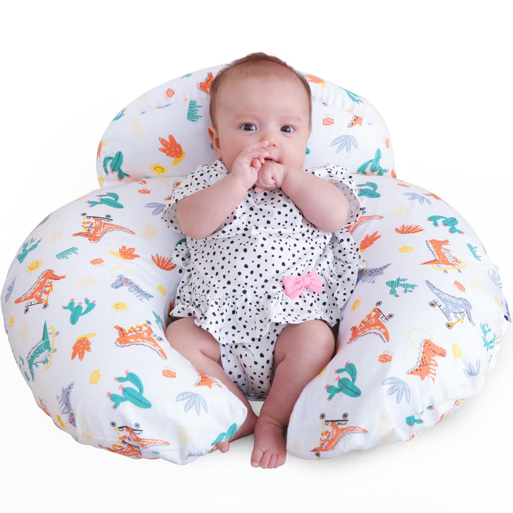 AMASKY Nursing Pillow front view illustrating ergonomic lift for mom and baby during feeding