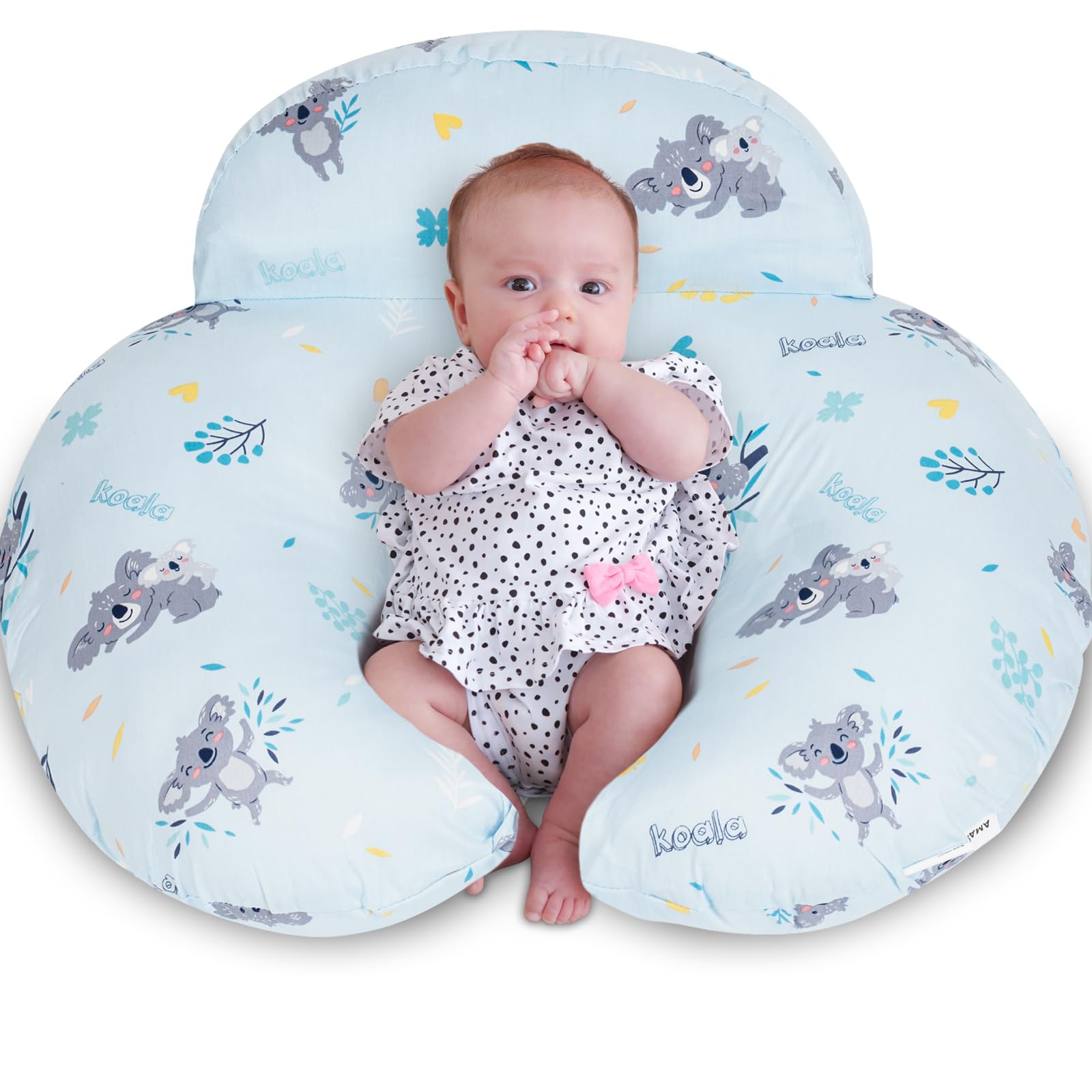 AMASKY Nursing Pillow shown supporting full-body posture for mom and baby during feeding