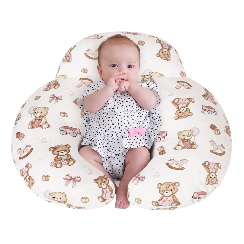 AMASKY nursing pillow pink bears front view supports ergonomic feeding.