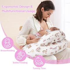 AMASKY nursing pillow pink bears side view reduces arm strain during nursing.