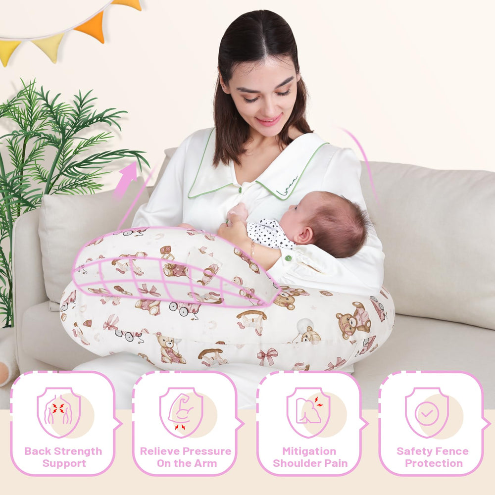 AMASKY nursing pillow removable cover close-up highlights machine-washable care.
