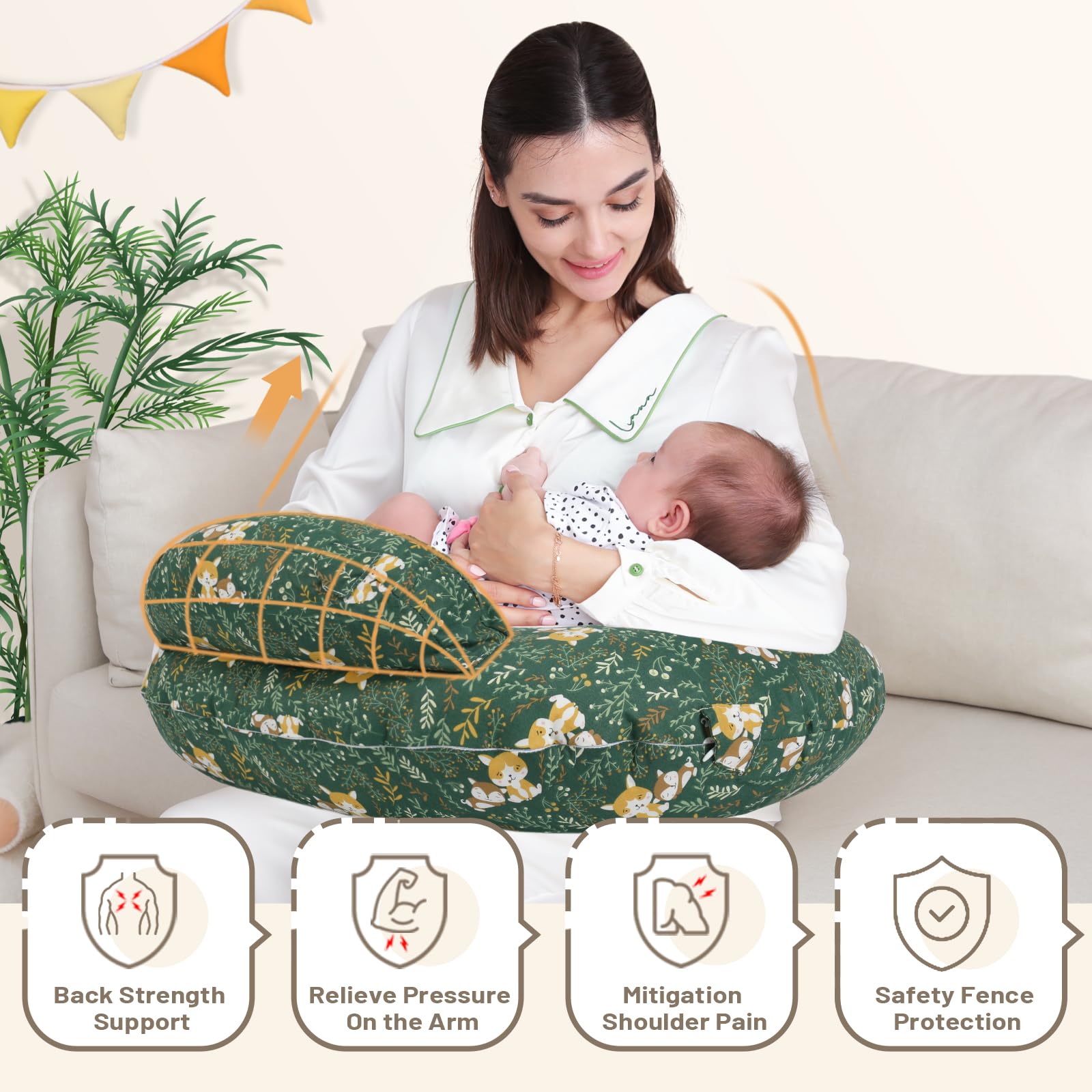 AMASKY Nursing Pillow with top fence design offers privacy during feeds.
