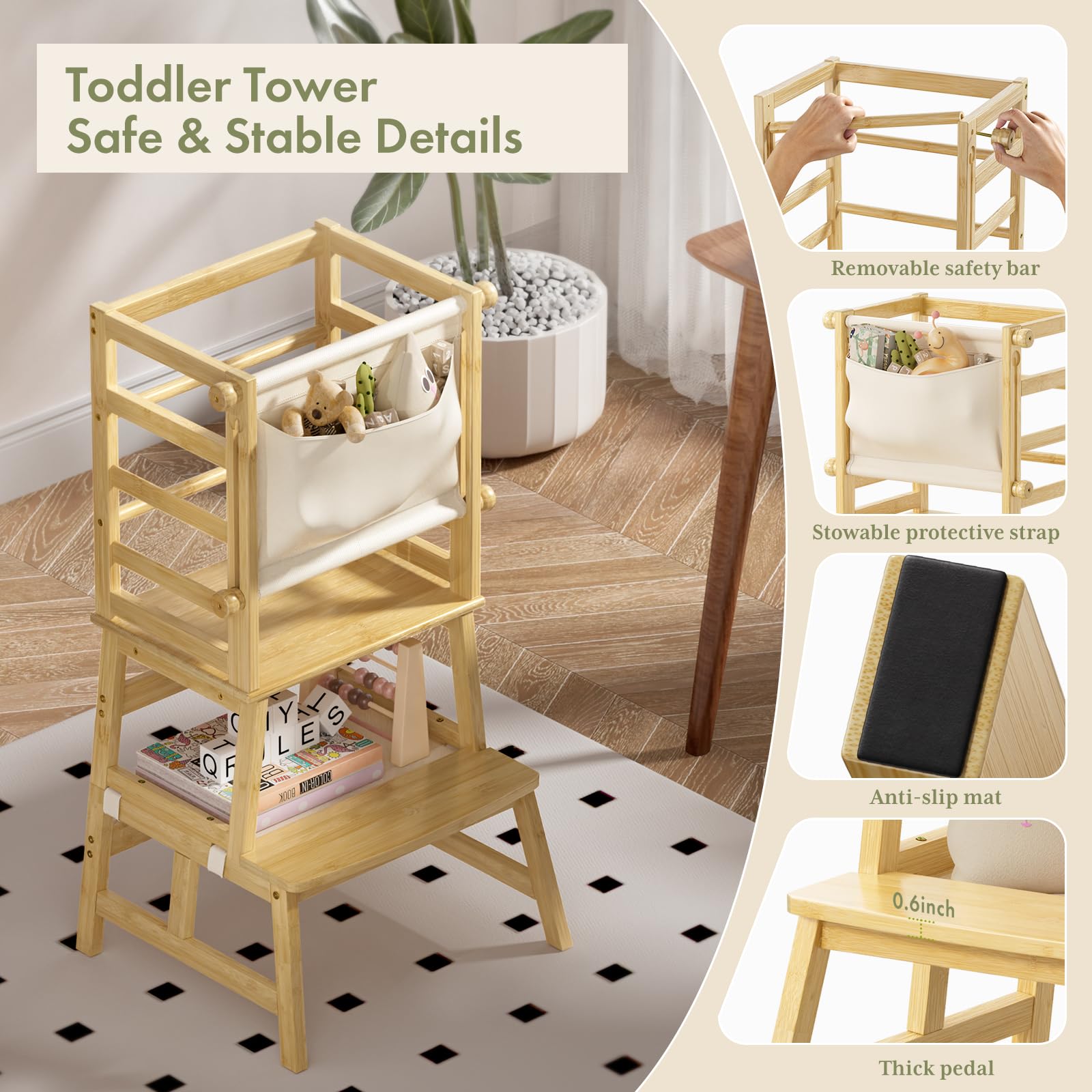 Amazer bamboo toddler step stool kitchen-use helps kids reach counters safely