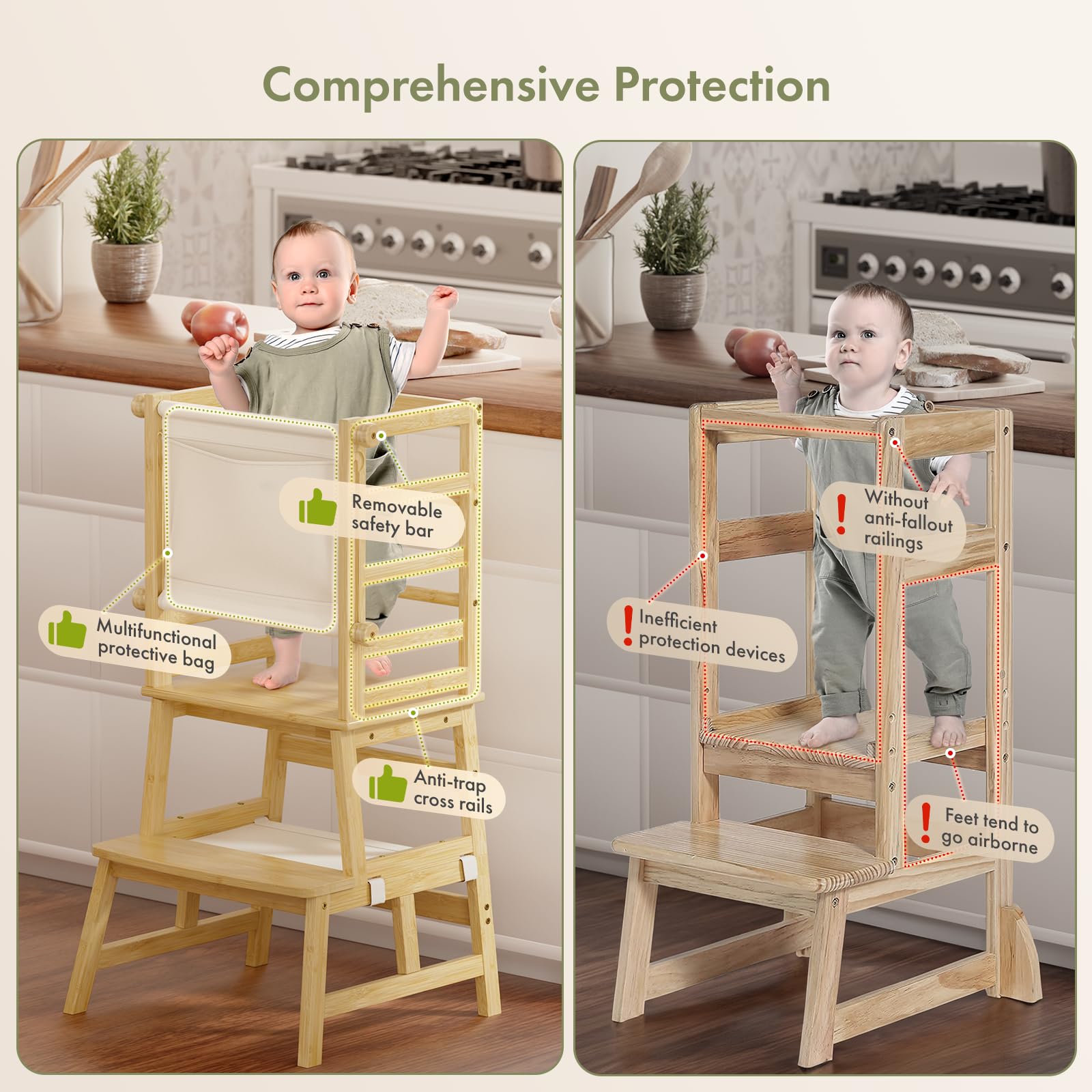 Amazer bamboo toddler step stool safety-net-bag provides fall protection and quick storage