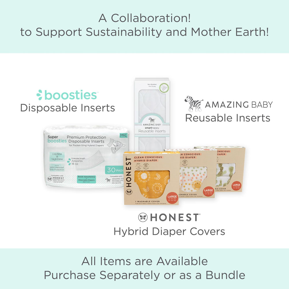 Amazing Baby Honest Hybrid Cover sizes-small-large supports Boosties inserts for flexible absorbency.
