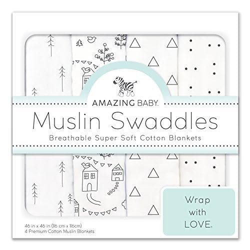Amazing Baby Little Village and Trees swaddle blanket in black for sensory play and breathable comfort