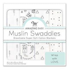 Amazing Baby Little Village and Trees swaddle blanket in black for sensory play and breathable comfort