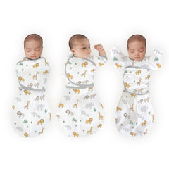 Amazing Baby Omni Swaddle arms-up sleeves helps baby self-soothe with hands near mouth.