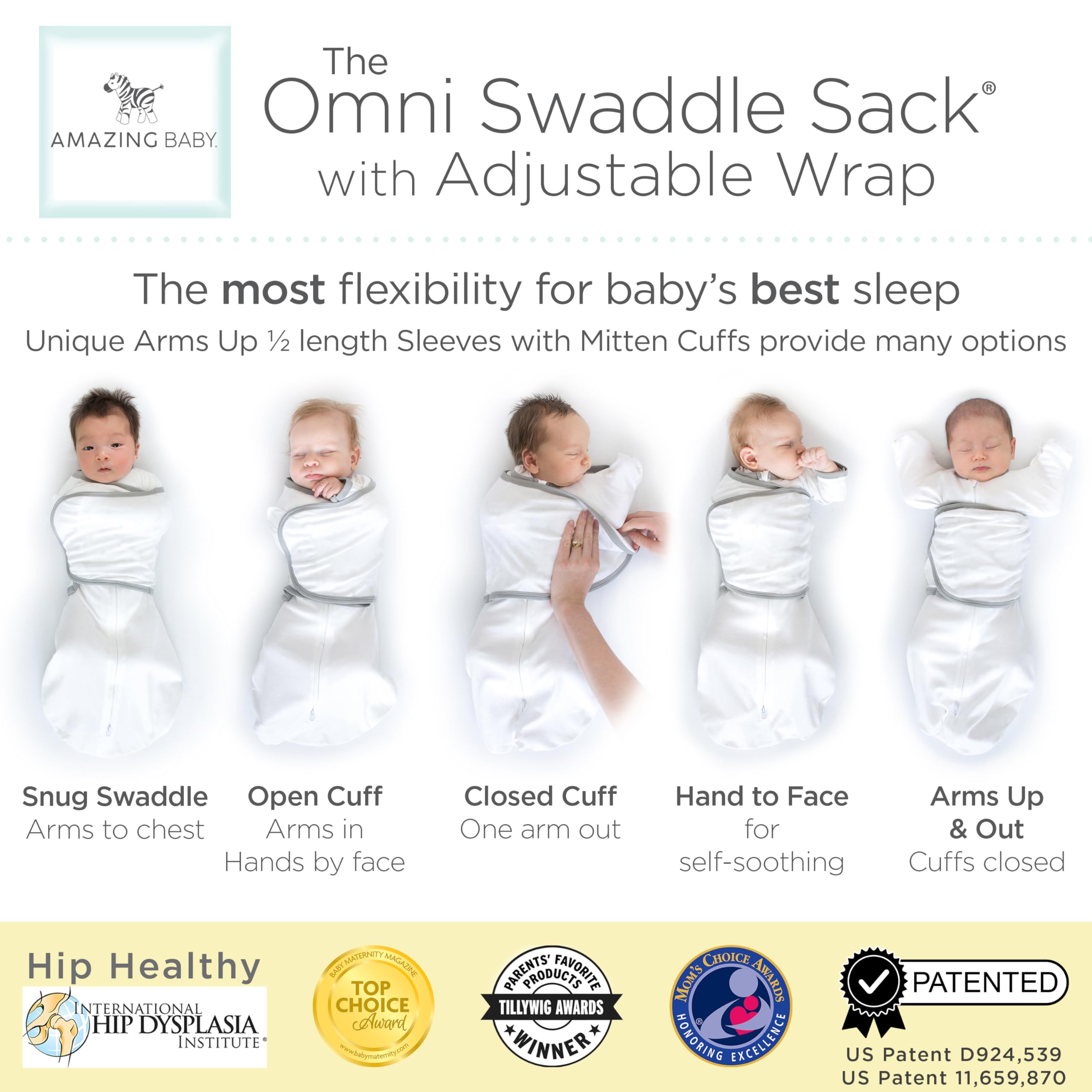 Amazing Baby Omni Swaddle Sack arms-up sleeves show versatile sleep positions.