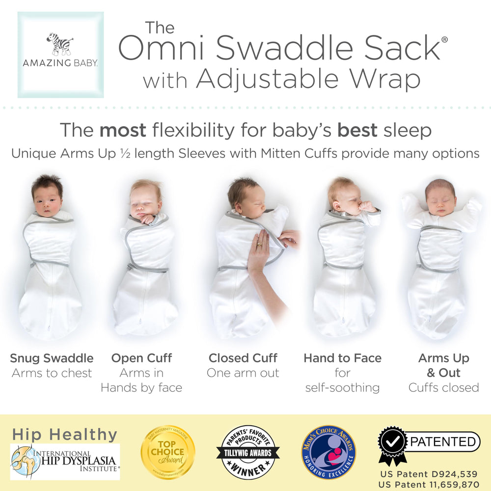 Amazing Baby Omni Swaddle Sack arms-up sleeves show versatile sleep positions.