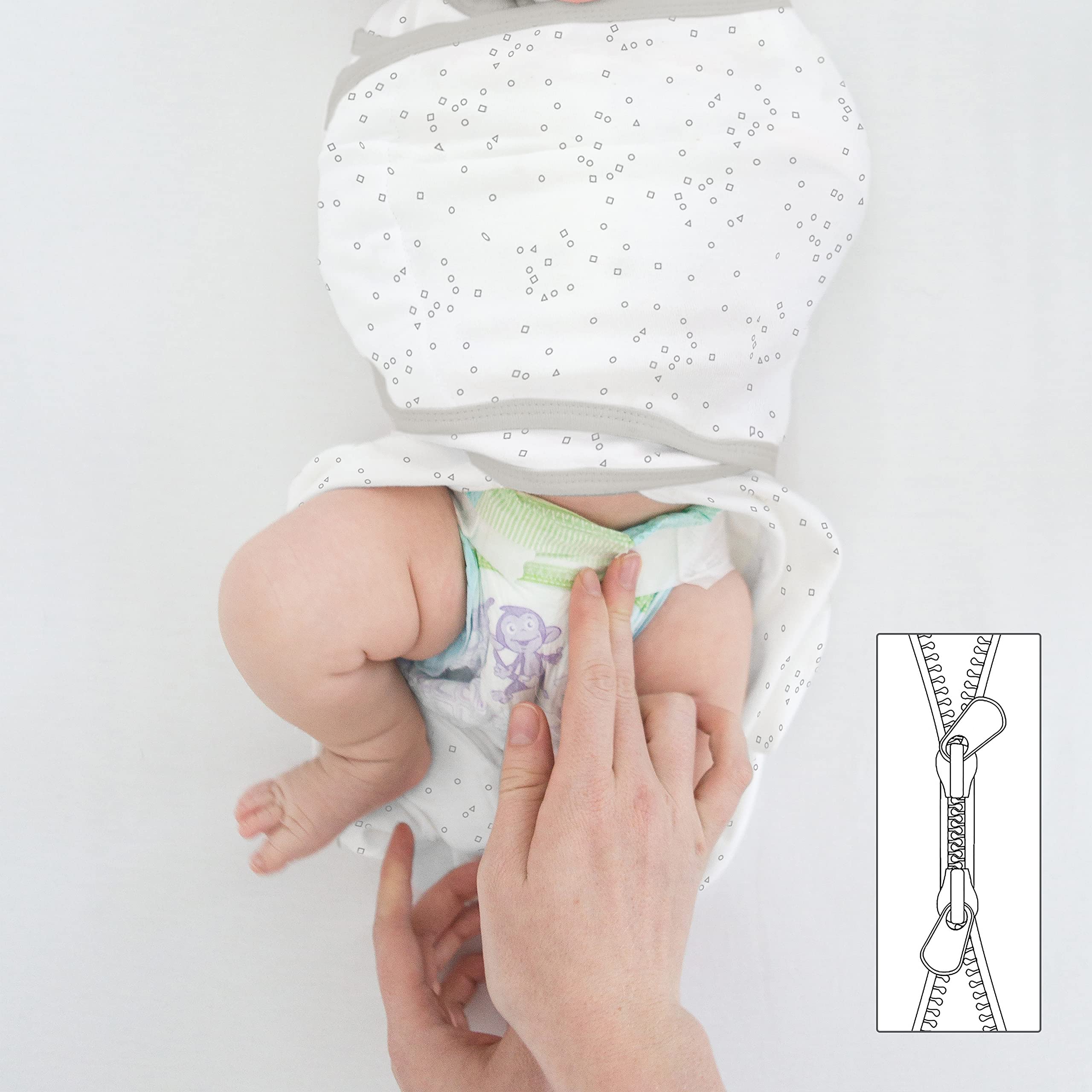 Amazing Baby Omni Swaddle Sack two-way zipper enables easy diaper checks.