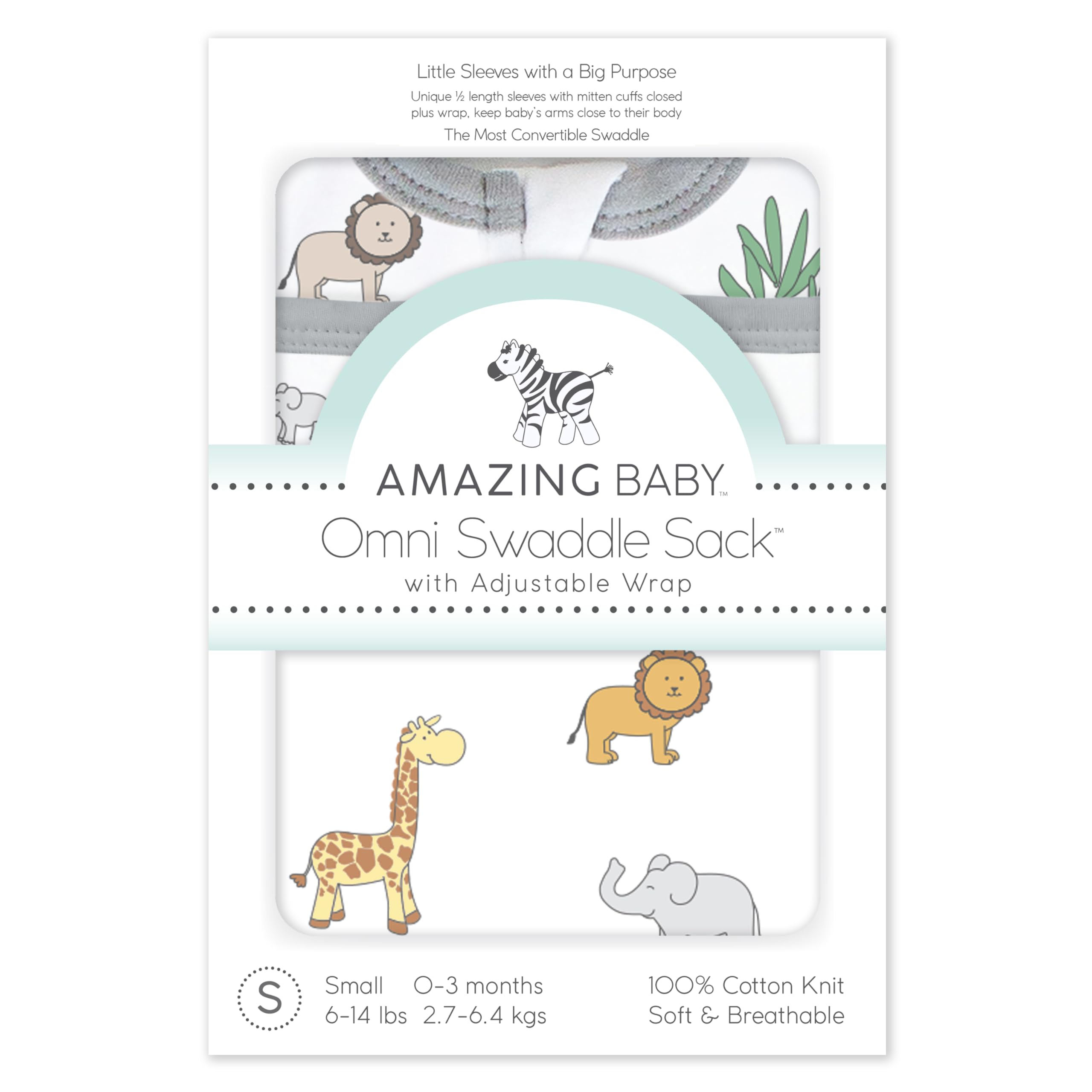 Amazing Baby Omni Swaddle on safari print highlights breathable cotton comfort.